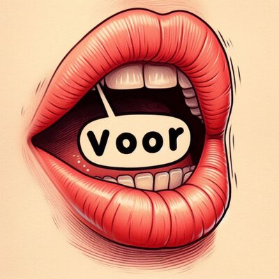 Een tekening van een mond die het nederlandse woord 'voor' uitspreekt.